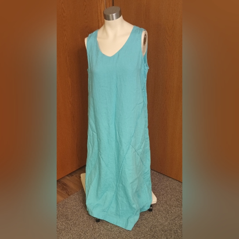 Pure Jill turquoise 100% Linen, Lined Maxi Dress, Sz Medium, Excellent Condition